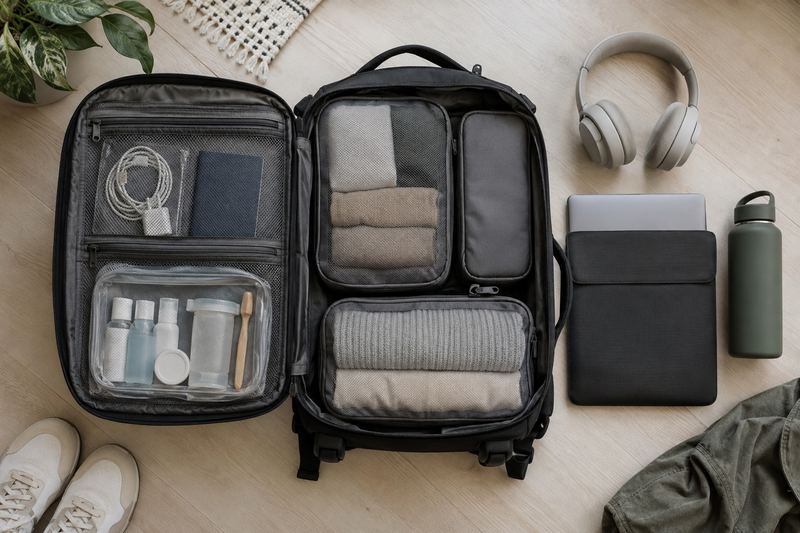 A neatly packed open carry-on backpack seen from above.