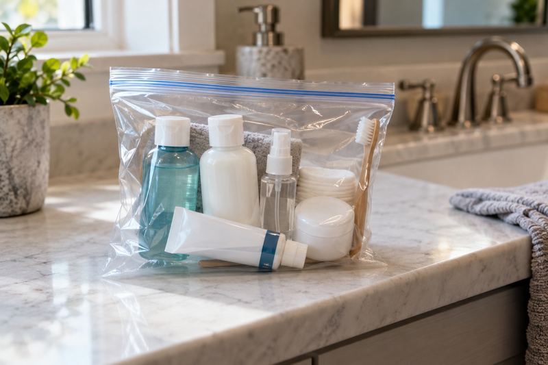 Small travel bottles of toiletries packed in a clear quart-size bag on a bathroom counter.