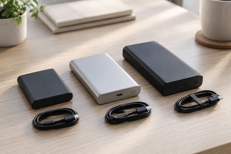 Three power banks of different sizes on a desk with charging cables.